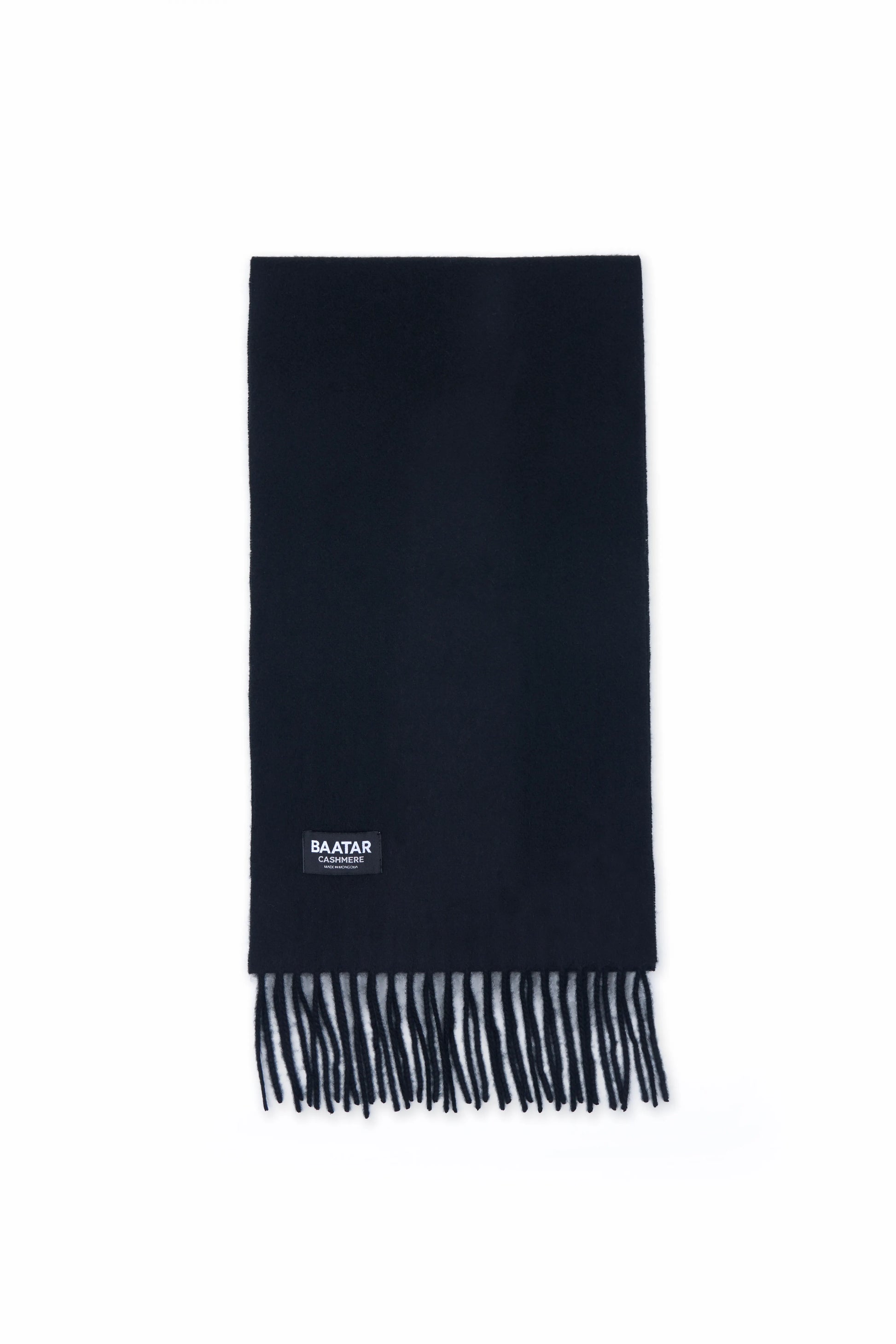 Soft and warm Mongolian cashmere scarf in black, displayed on a clean white background.