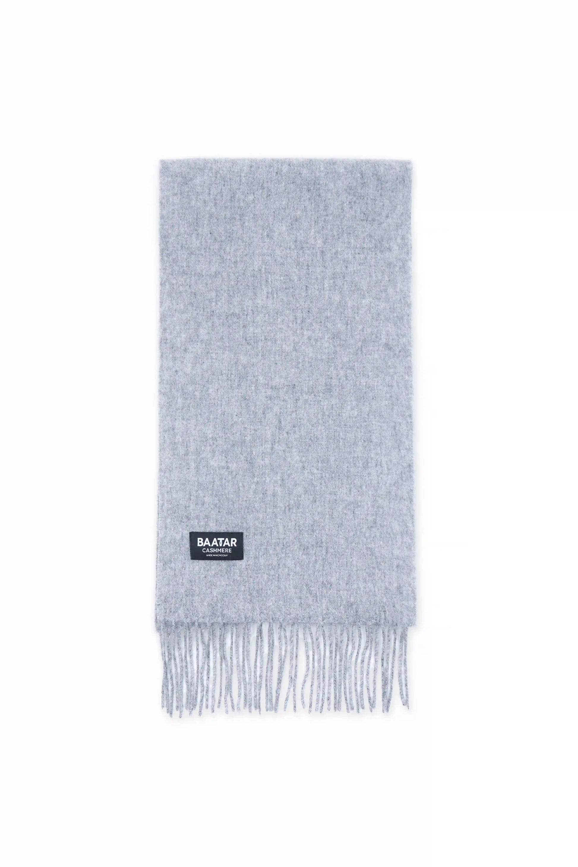 Soft and warm Mongolian cashmere scarf in rich light gray, displayed on a clean white background.