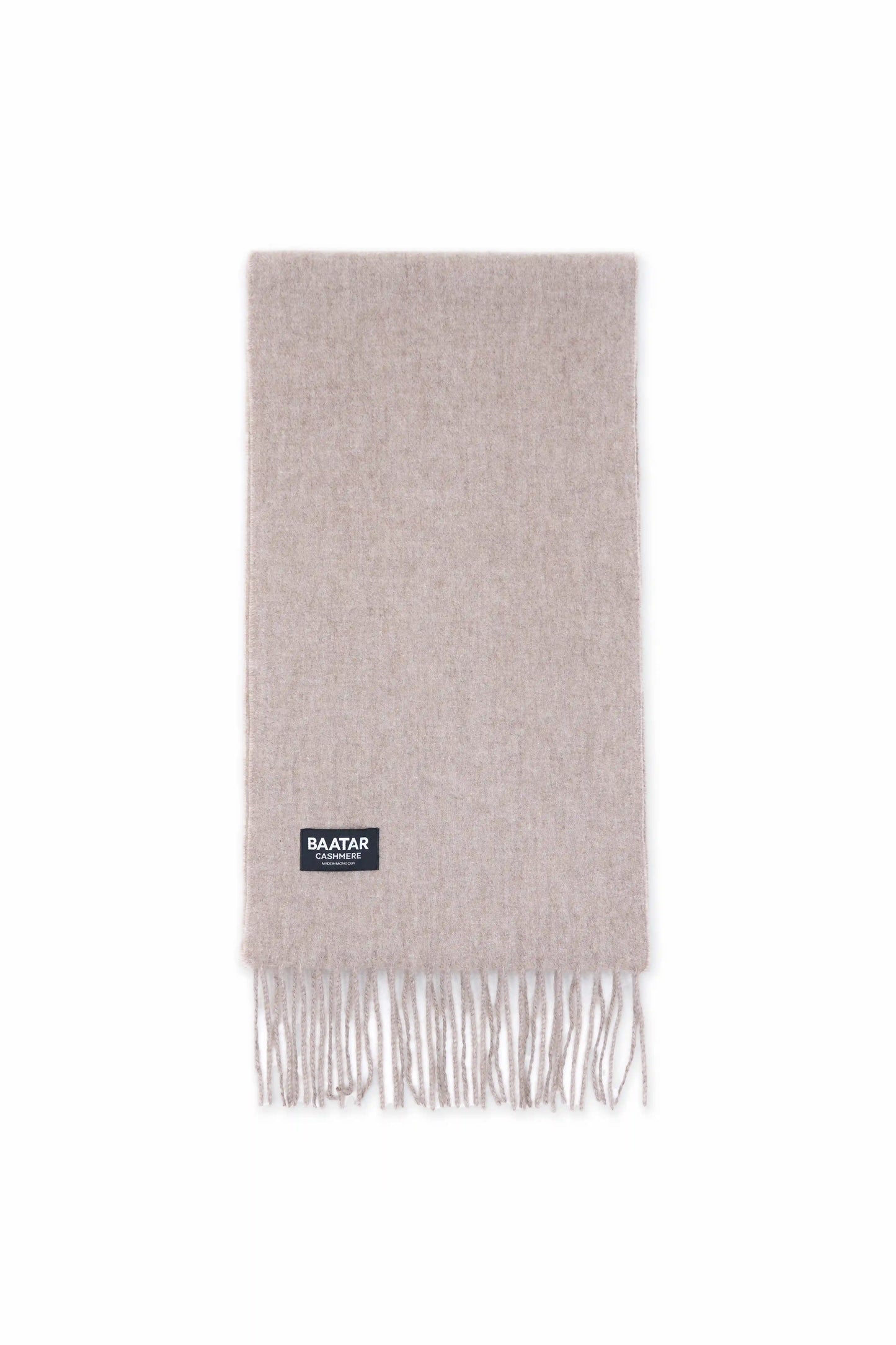 Soft and warm Mongolian cashmere scarf in rich natural beige, displayed on a clean white background.